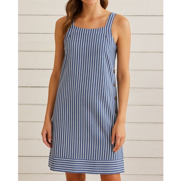 For Cynthia Linen Blend Blue White Stripe Dress Size Large - Picture 1 of 10